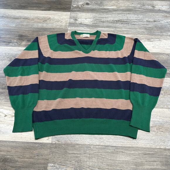 Vintage Aureus Striped Blue Green‎ Tan Men XL Raglan V-Neck Knit Grandpa Sweater - Picture 1 of 7